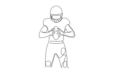 Football player in uniform helmet hold the ball - continuous one line drawing