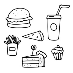 Doodle cafe signs set. Outline fast food, sweets isolated on white background. Cheat meal menu sign. Hand-drawn tasty burger, soda, French fries, pizza, muffin, cake image. Vector yummy illustration