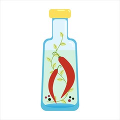 Chili peppers and spices filled with vinegar, tincture for cooking with herbs and spices in a glass bottle, vector clipart in flat style, isolate.