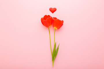 Two bright red tulips with heart shape on light pink table background. Pastel color. Closeup. Flirt and love concept. Top down view.