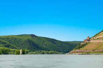 scenic view to Mouse tower and castle Ehrenfels from Bingen,