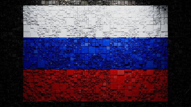 Russian Flag rendered as Futuristic 3D blocks. Russia Network Concept. Tech Background.