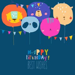 Birthday Card with Cute Balloon Faces Animals