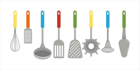 Set of different kitchen spatulas and spoons, towel, grater, whisk,, vector clipart in cartoon style, isolate, flat illustration.