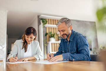 Woman and man using pen, working together at home office.