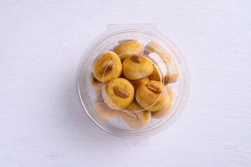 Peanut cookies in a plastic package on white background, Asian cookies singapore, Top view