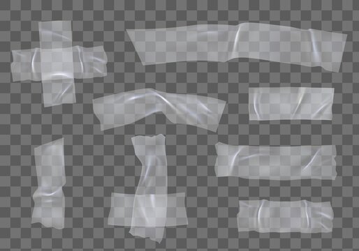 Plastic adhesive tape. Realistic transparent duct sellotape pieces and cross. Torn wrinkled sticky stripe with glue for fixing vector set
