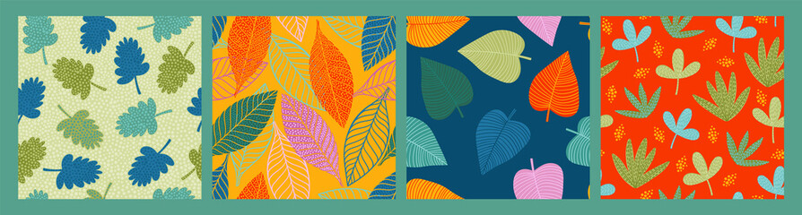 Set of bright funny seamless patterns with abstract leaves. Vector design