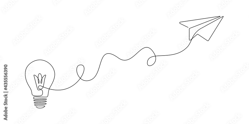 Wall mural Paper plane flying up connected with light bulb in one continuous line drawing. Airplane in outline style. Startup business idea concept with editable stroke. Vector illustration