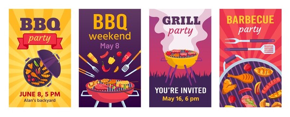 Barbecue posters. BBQ party invitations for summer outdoor picnic in park or back yard with food on grill. Cookout event flyers vector set - obrazy, fototapety, plakaty