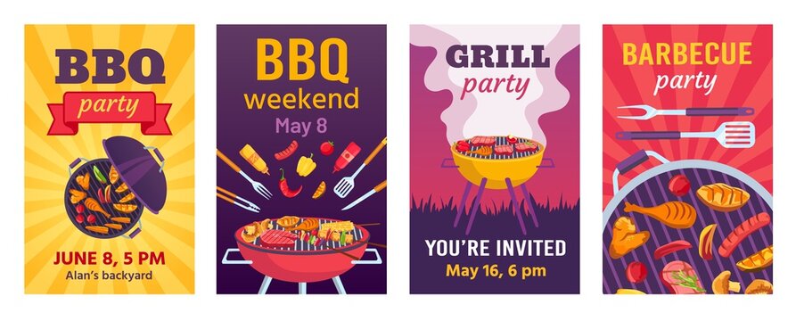 Barbecue Posters. BBQ Party Invitations For Summer Outdoor Picnic In Park Or Back Yard With Food On Grill. Cookout Event Flyers Vector Set