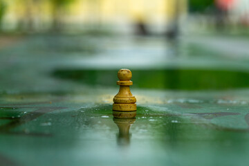 abandoned chess piece on a chess table outside in a park after rain
