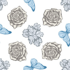 Seamless pattern with hand drawn pastel iris japonica, blue morpho, roses