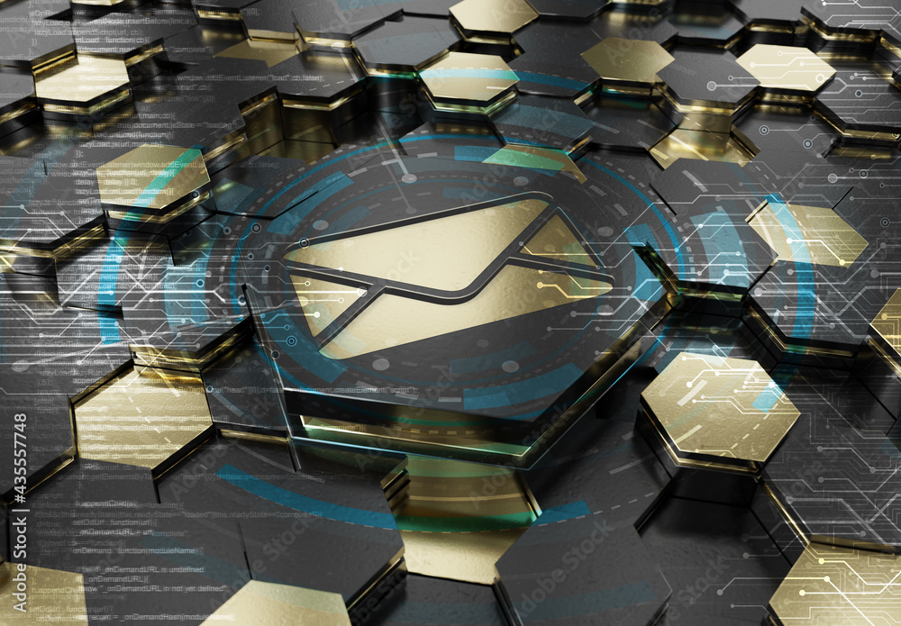 Aufkleber Email icon concept engraved on hexagonal pedestral background. Mail Logo glowing on abstract digital surface. 3d rendering