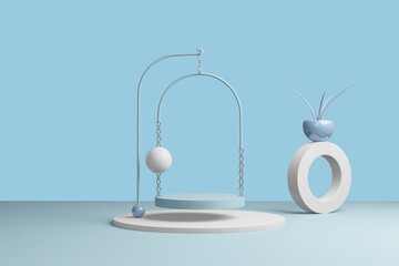 Abstract blue podium. Pastel product platform, minimal geometric shapes. 3D rendering