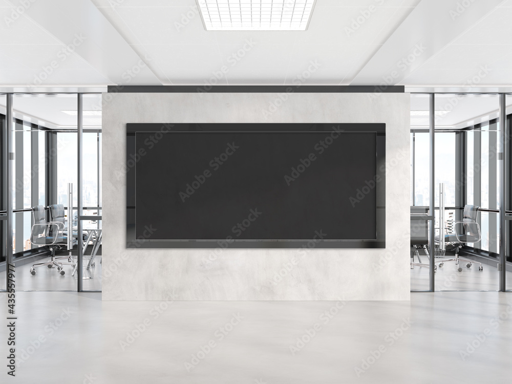 Poster panoramic frame mockup hanging on office wall. mock up of a large billboard in modern company interi