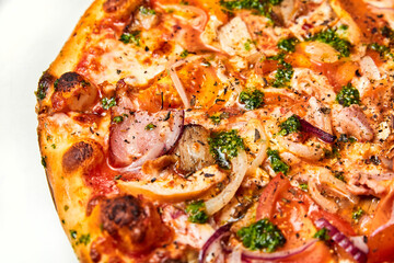 Fresh pizza with bacon, mushrooms and cheese on a light background. Close-up, selective focus