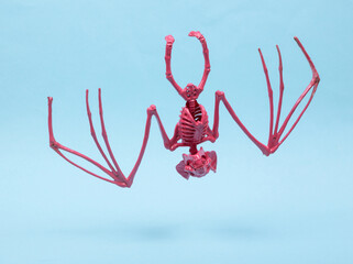 Levitating pink bat on blue mint background. 3D photo. Minimalistic still life. Creative layout. Concept art