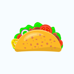 Taco with tortilla shell vector illustration. Mexican lunch flat icon.