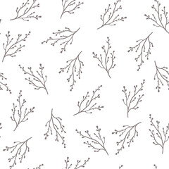 Hand drawn seamless floral pattern with simple little flower branch. Doodle sketch line style. Vector illustration for nature foliage wallpaper, background, textile design.