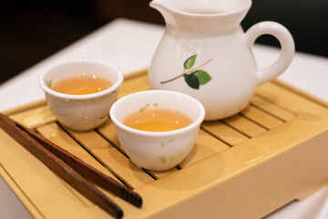 Chinese teapots and cups on the dining table