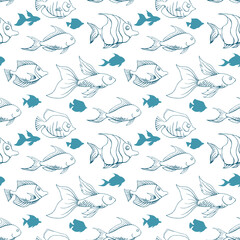 Obraz premium Blue fishes outline seamless pattern on white background. Exotic ocean surface pattern design. Marine animals silhouette endless texture. School of fish boundless background. Sea life editable tile.