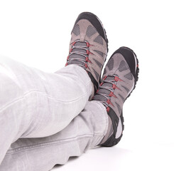 Man wearing grey hiking shoes isolated