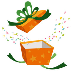 Open the gift box with yellow star pattern. Confetti pops out of the box on white background. Vector illustration in flat cartoon style.