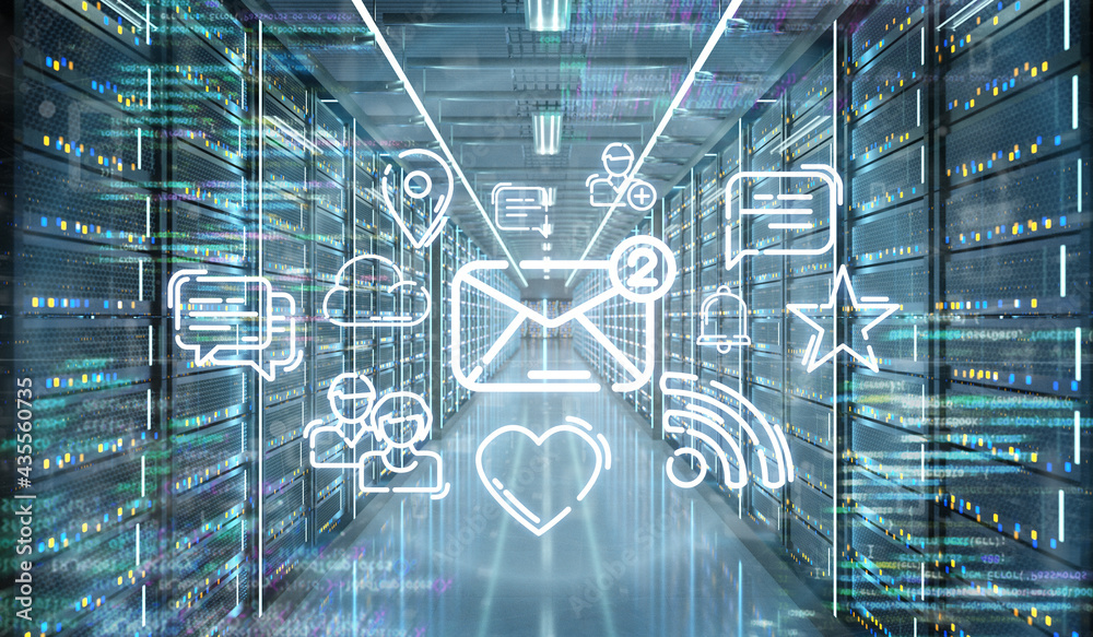 Poster multiumedia icons in a server room data center - 3d rendering