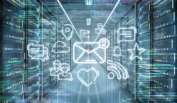 Multiumedia icons in a Server room data center - 3d rendering