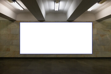 Vertical blank white billboard on a wall at metro station, Mock up. Poster on the indoor wall In the underground