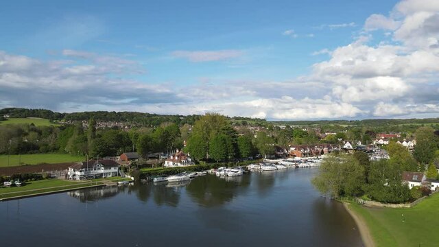 River Thames at Bourne End  UK Buckinghamshire boats moored , Aerial footage 4k