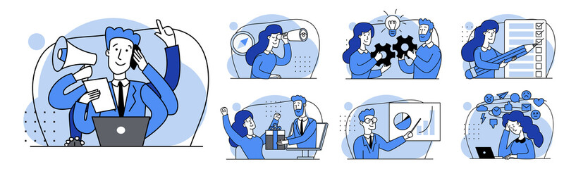 Metaphor Business success abstract concept vector illustration set. Teamwork marketing illustrations. Collection scenes with men and women taking part in business activities. Modern trendy flat style