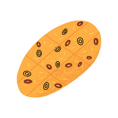 A cute traditional Italian cuisine bread, pastry snack focaccia with olives and cheese. Cartoon vector food illustration
