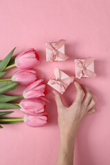 Hand holding Gift boxes and pink tulips on pink background. Romantic, holiday concept