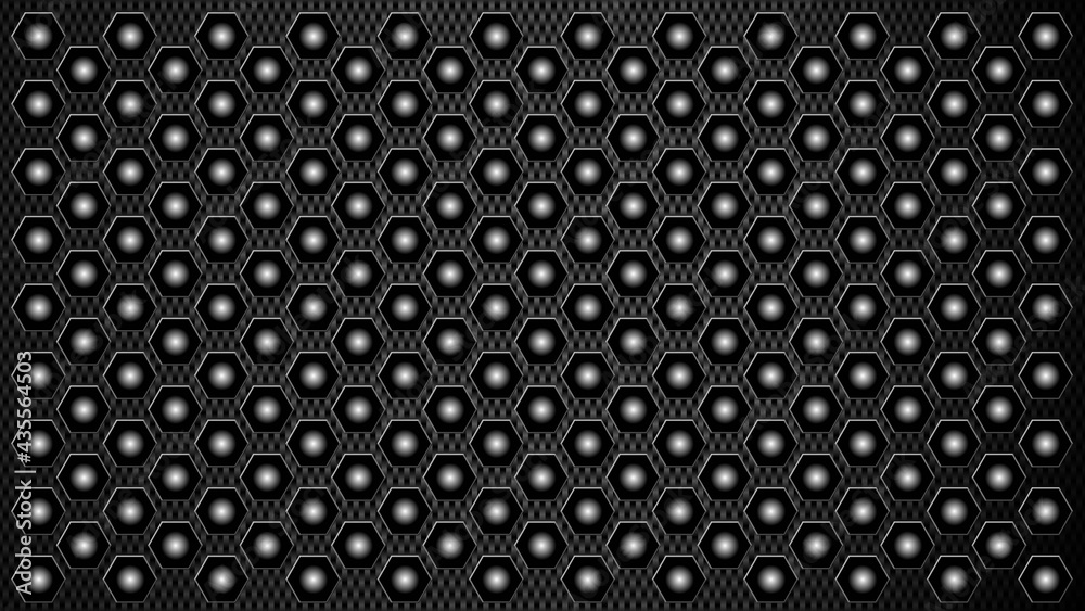 Poster grid structure in gray of honeycomb elements filled with sphere on dark background in carbon design 