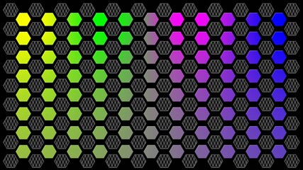 grid structure of mixed honeycomb elements in carbon design and in rainbow colors on black background - 3D Illustration