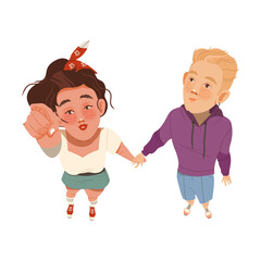 Freckled Woman and Man Holding Hands and Pointing Finger Looking Up Watching at Something Above View Vector Illustration