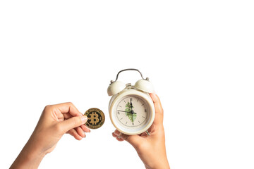 bitcoin and alarm clock Money and time concept separated from white background