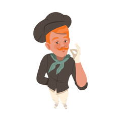 Redhead Freckled Man Chef in Toque Looking Up Watching at Something and Showing Hand Gesture Above View Vector Illustration