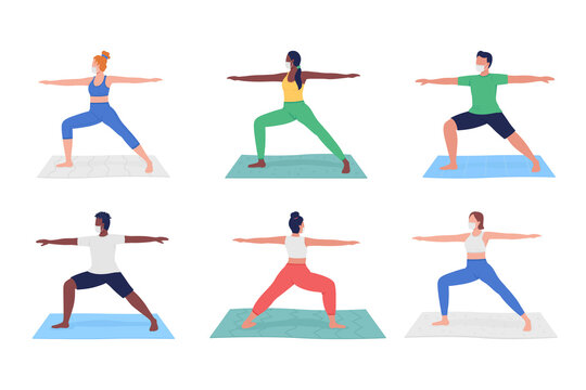 Yoga class during pandemic flat color vector faceless character set. Different people exercising in masks isolated cartoon illustration for web graphic design and animation collection