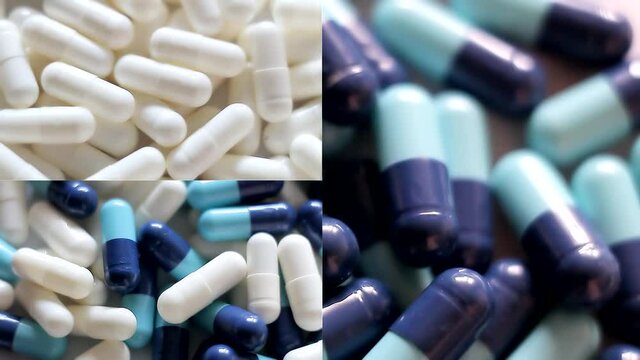 Collage of white and blue capsules rotate, top view. Pharmacy, medicine symbol. Colorful bright background, blue and white color.