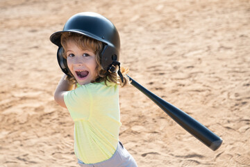 Excited child playing Baseball. Batter in youth league getting a hit. Boy kid hitting a baseball.