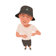 Smiling Freckled Man in Bucket Hat Looking Up Watching at Something Above View Vector Illustration