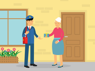 Mail Carrier or Mailman as Employee of Postal Service Delivering Gift Box to Senior Woman Vector Illustration