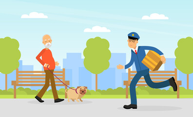 Mail Carrier or Mailman as Employee of Postal Service Delivering Mail and Parcel to Residence Vector Illustration