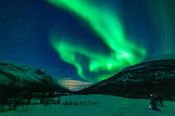 wundervolle Nordlichter in Troms in den Lyngenalps. begeisterndes Lichtspiel am nächtlichen Himmel, jubelnde Menschen. Aurora Borealis bei Tromsö