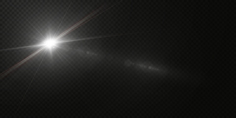 Sun with glare on a transparent background. Star shines with pleasant rays on a white isolated background. Vector illustration.	