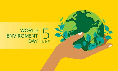 Poster world environment day banner hand hold circle green globle earth with leaf plant around on yellow background vector design © ananaline