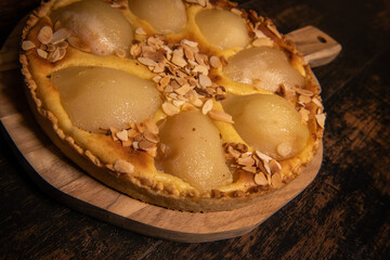 Bourdaloue tart recipe with pears, custard and almond cream. High quality photo